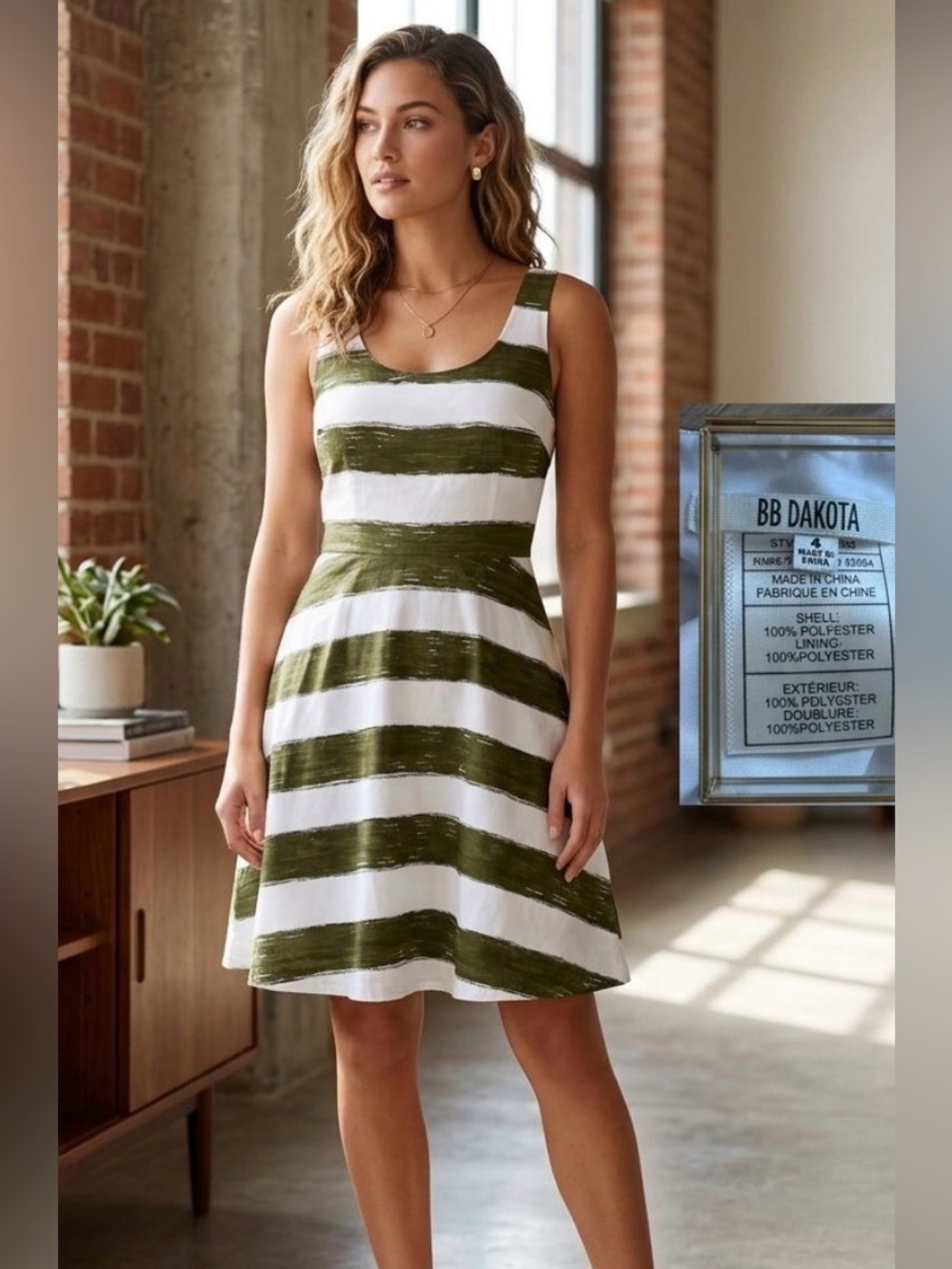 BB Dakota Olive & White Striped Sleeveless Dress size S